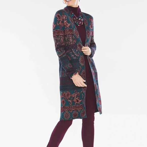 Chico’s Tapestry Regal Jacquard Open Front Cardigan Sweater LS Multi 2/L NWT - Picture 3 of 14